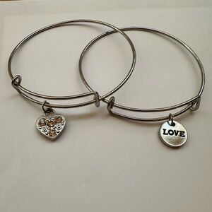 Set of 2 Love and Heart Charm Bangle Bracelets 💕 Adjustable Stackable Jewelry